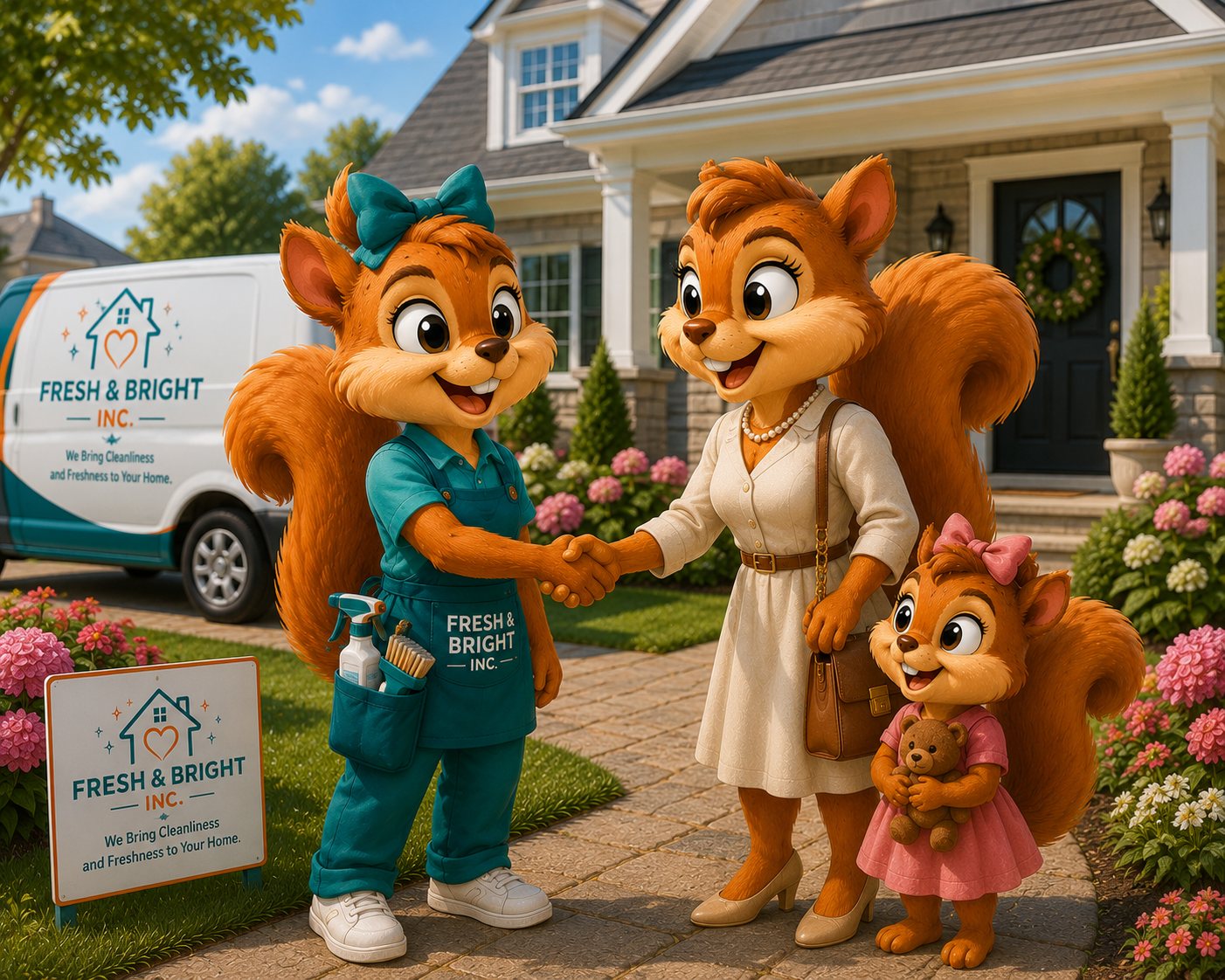 Fresh & Bright Inc. mascot shaking hands with a happy customer