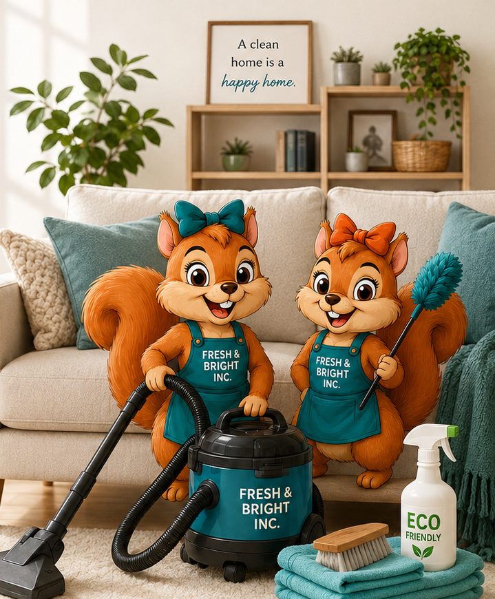 Fresh & Bright Inc. team mascots cleaning a living room